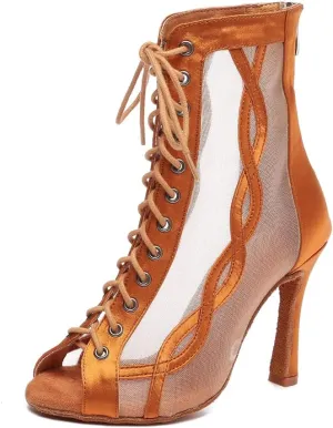 YKXLM Women's Peep Toe Mesh Ballroom Dancing Boots Latin Dance Shoes Salsa Bachata Performance,L582