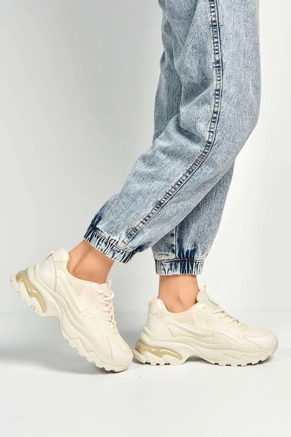 Yug Chunky Sole Lace-Up Trainers in Beige